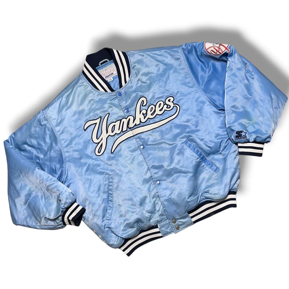 Vintage 90s New York Yankees Starter Satin Bomber Jacket Baby Blue MLB Sz XL